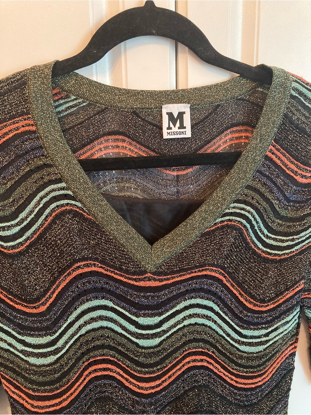 Missoni Black Metallic V‑Neck dress with Teal, Coral & Navy Waves